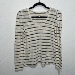Madewell Cream and Black Striped V-Neck Long Sleeve Top
